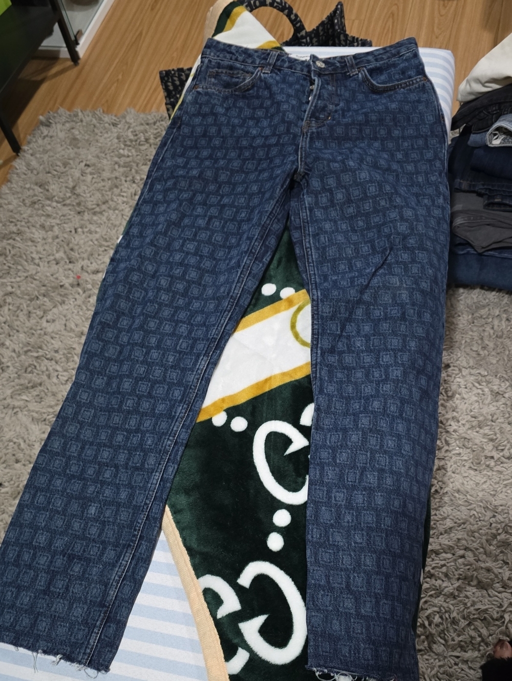 Reformation Dark Blue Straight Leg Jeans with Subtle Geometric Print